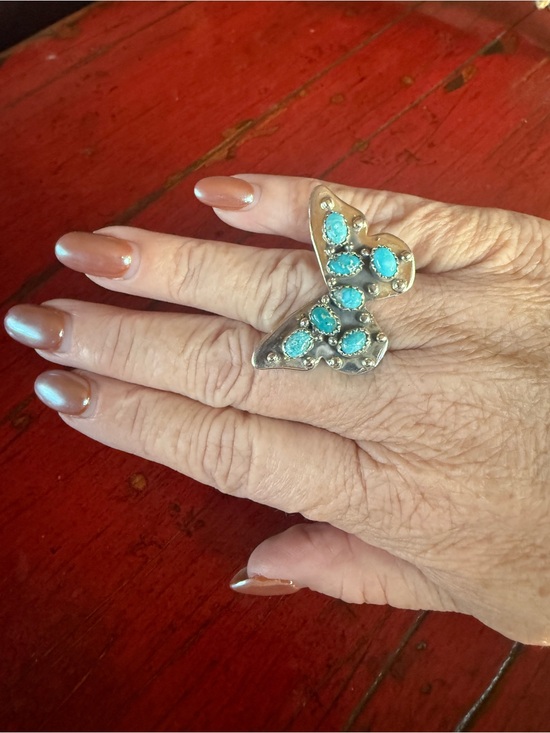 Hand-crafted Jewelry - Sterling Silver White Water Turquoise Butterfly Statement Ring Adjustable to 9.